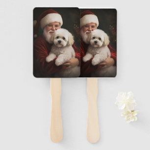 Bichon Frise with Santa Claus Festive Christmas  Hand Fan