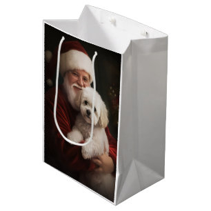 Bichon Frise with Santa Claus Festive Christmas Medium Gift Bag
