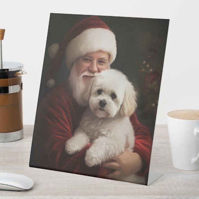 Bichon Frise with Santa Claus Festive Christmas  Pedestal Sign (In SItu)