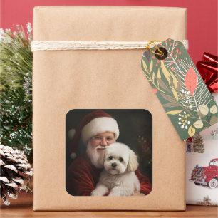 Bichon Frise with Santa Claus Festive Christmas  Square Sticker