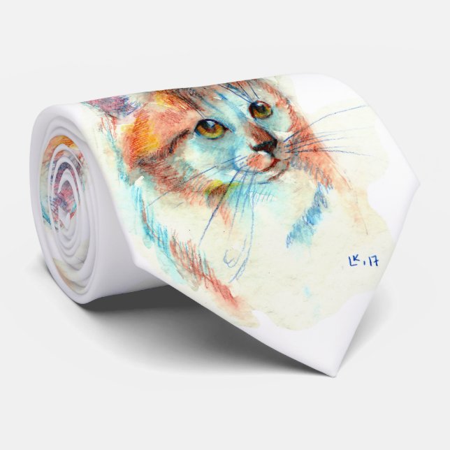Bicolor cat portrait tie (Rolled)