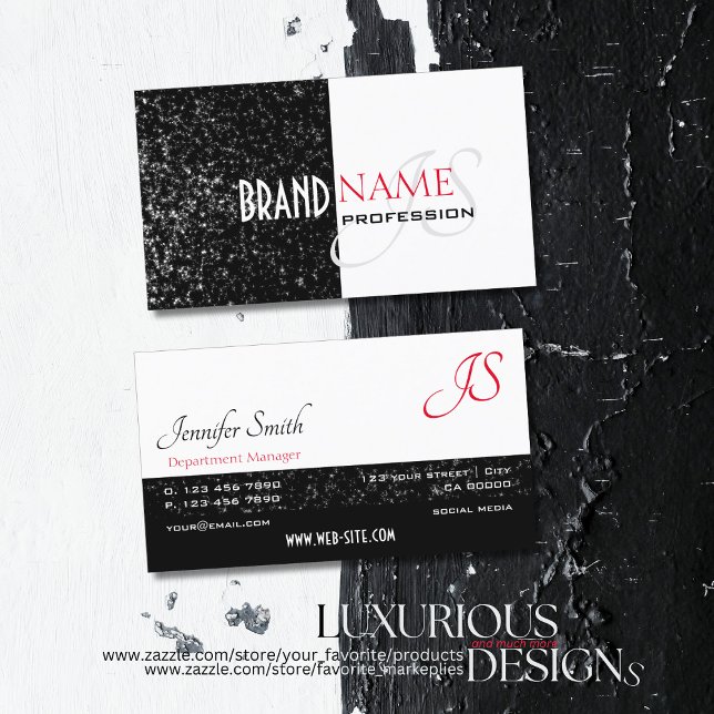 Bicolored Black and White Glitter Stars Monogram Business Card (Creator Uploaded)