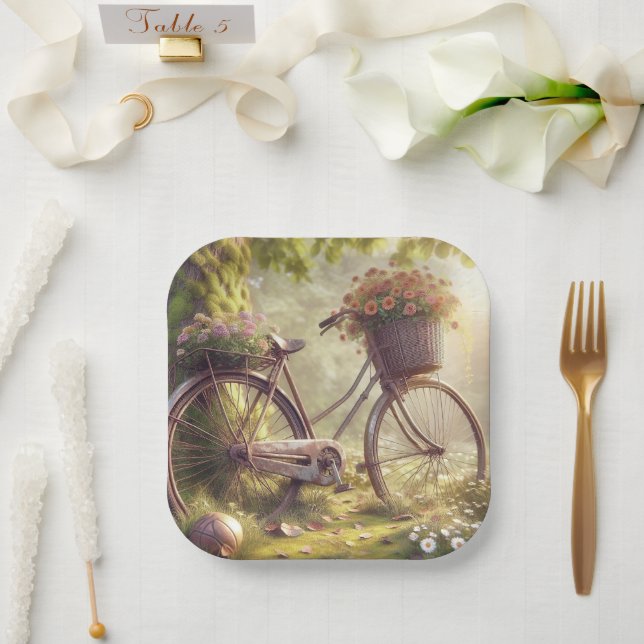 Bicycle among flowers custom paper plates (Wedding)