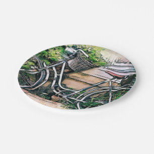 Bicycle and Basket in the Garden Paper Plate