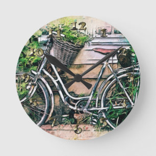 Bicycle and Basket in the Garden Round Clock