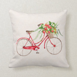 Bicycle and Strawberries Throw Pillow