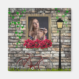Bicycle and window with flowers personalized photo magnet