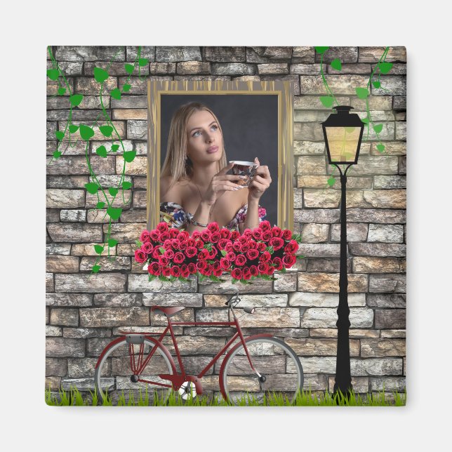 Bicycle and window with flowers personalized photo magnet (Front)