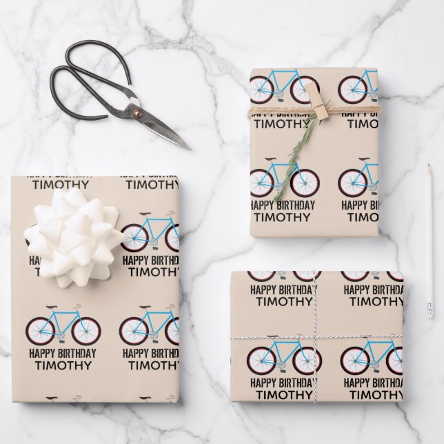 Bicycle Bike Design Birthday Custom Name Wrapping Paper Sheet (Front)