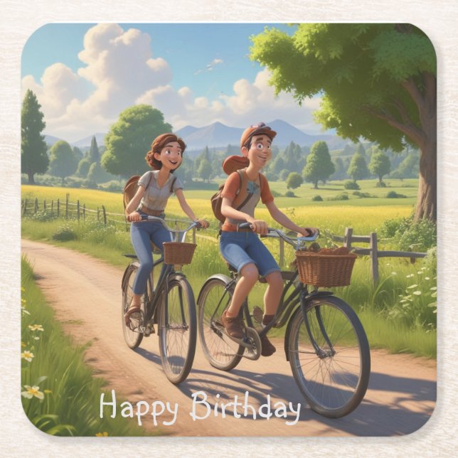 Bicycle Birthday Square Paper Coaster (Front)