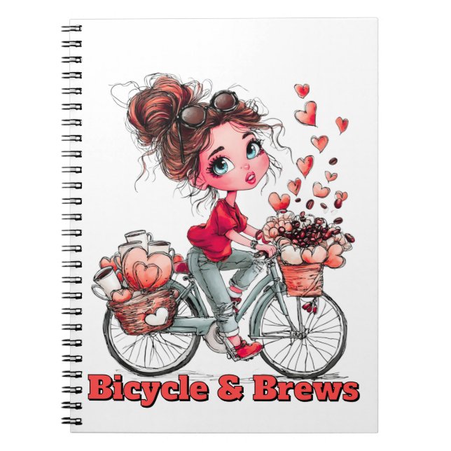 Bicycle & Brews Cute Coffee Girl Spiral Notebook (Front)