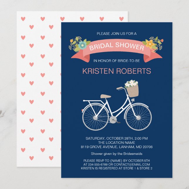 Bicycle Bridal Shower Navy Blue Coral Pink Floral Invitation (Front/Back)