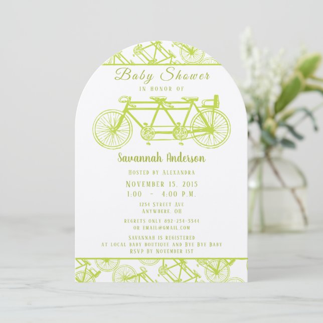 Bicycle built for 3 Retro Lime Bicycle Baby Shower Invitation (Standing Front)