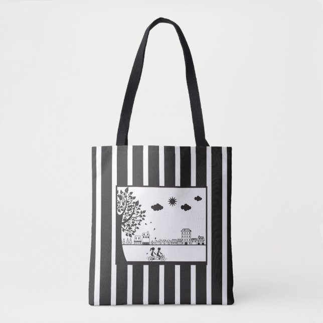 Bicycle Built for Two Black & White Striped Tote Bag (Front)