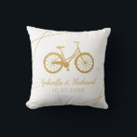 Bicycle Cyclist Wedding Gift Throw Pillow<br><div class="desc">A retro beach cruiser bicycle in gold,  with personalized wedding names and date. Fonts can be edited,  and the background colours on the front and back can be changed individually by clicking 'customize further' and using the background colour picker.</div>