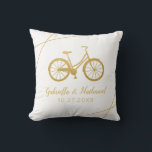 Bicycle Cyclist Wedding Gift Throw Pillow<br><div class="desc">A retro beach cruiser bicycle in gold,  with personalized wedding names and date. Fonts can be edited,  and the background colours on the front and back can be changed individually by clicking 'customize further' and using the background colour picker.</div>