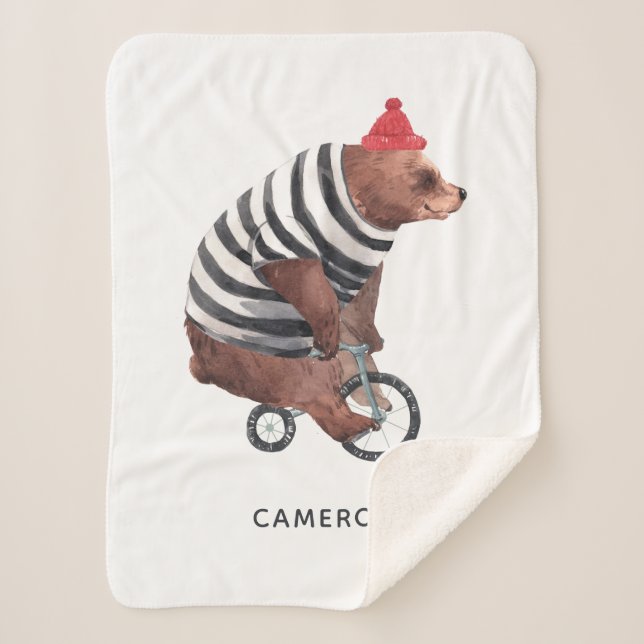 Bicycle Fun Bear | Add Your Name Sherpa Blanket (Front)