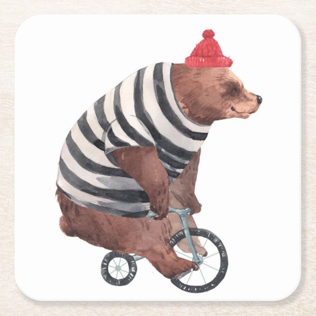 Bicycle Fun Bear Square Paper Coaster (Front)