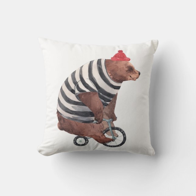 Bicycle Fun Bear Throw Pillow (Front)
