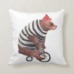 Bicycle Fun Bear Throw Pillow