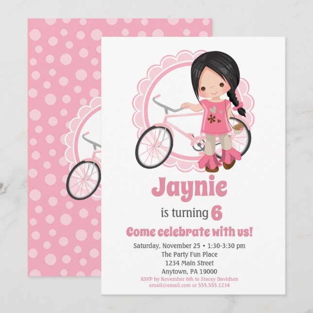 Bicycle Girl Birthday Invitation - Black Hair (Front/Back)