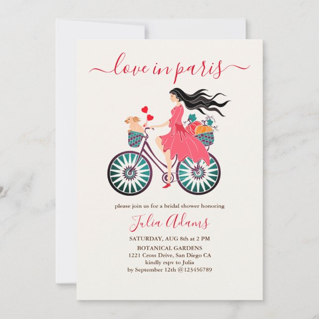Bicycle Girl Fall Pumpkins Bridal Shower Invitation (Front)