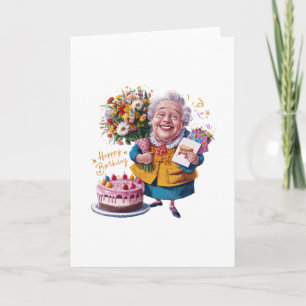 Bicycle Granny with Cake & Balloons Card