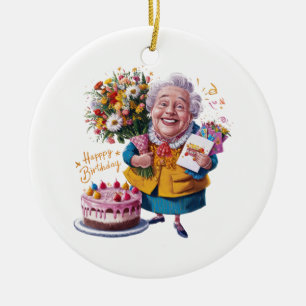 Bicycle Granny with Cake & Balloons Ceramic Ornament
