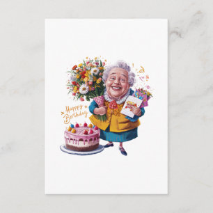 Bicycle Granny with Cake & Balloons Enclosure Card