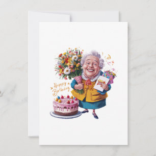 Bicycle Granny with Cake & Balloons Invitation