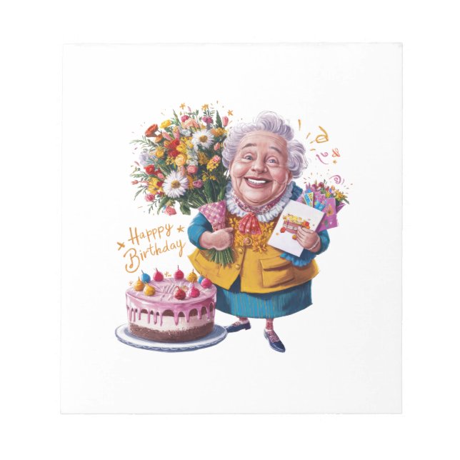 Bicycle Granny with Cake & Balloons Notepad (Front)