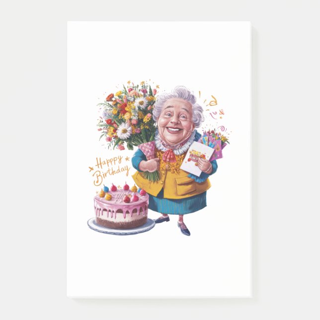 Bicycle Granny with Cake & Balloons Post-it Notes (Front)