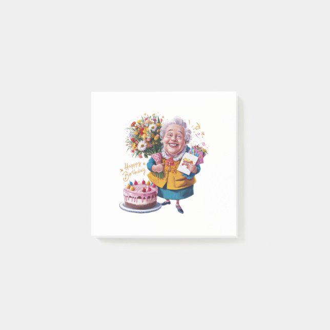 Bicycle Granny with Cake & Balloons Post-it Notes (Front)