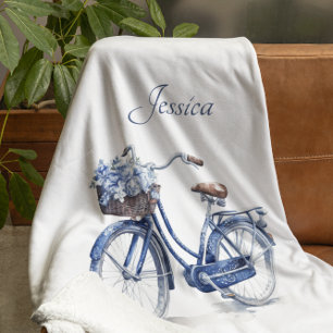 Bicycle in Delft Blue customizable Fleece Blanket