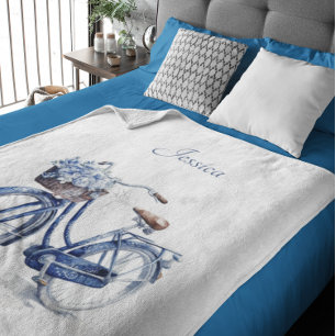 Bicycle in Delft Blue customizable Sherpa Blanket