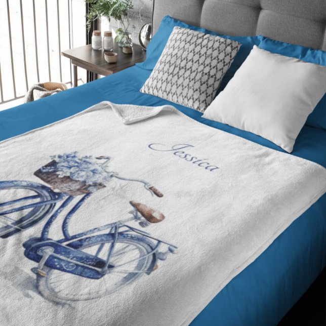 Bicycle in Delft Blue customizable Sherpa Blanket (Creator Uploaded)