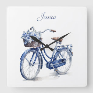 Bicycle in Delft Blue customizable Square Wall Clock