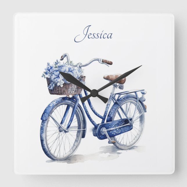 Bicycle in Delft Blue customizable Square Wall Clock (Front)