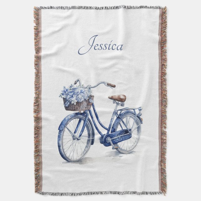 Bicycle in Delft Blue customizable Throw Blanket (Front Vertical)