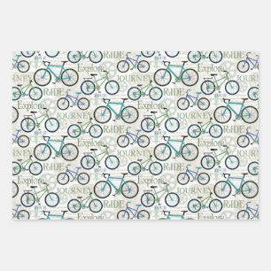 Bicycle Journey Blue and White Wrapping Paper Sheet