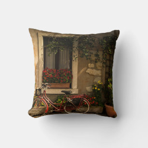 BICYCLE LEANING ON HOUSE THROW PILLOW