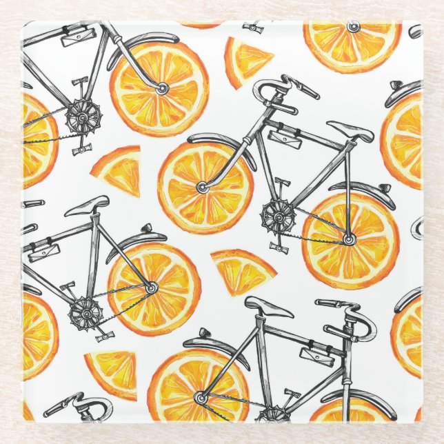 Bicycle Oranges: Watercolor Summer Pattern Glass Coaster (Front)