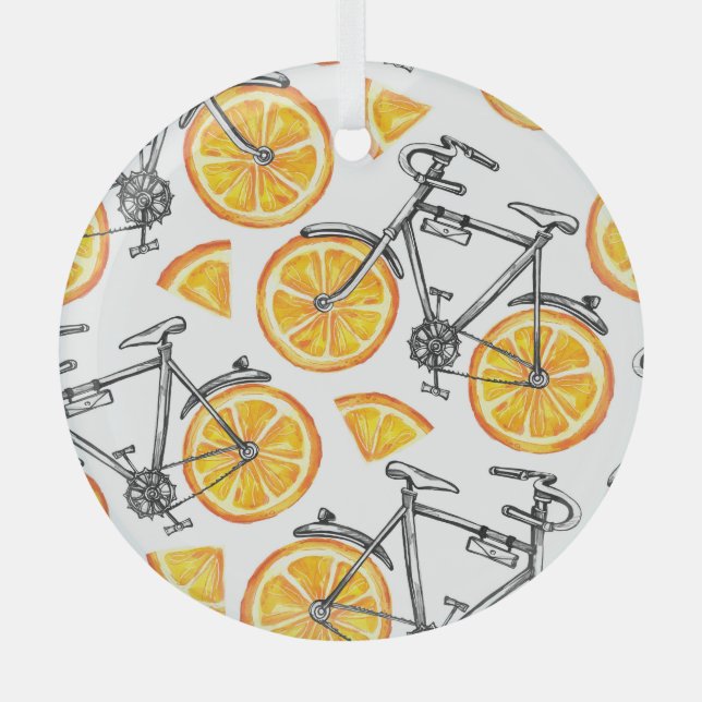Bicycle Oranges: Watercolor Summer Pattern Glass Ornament (Front)