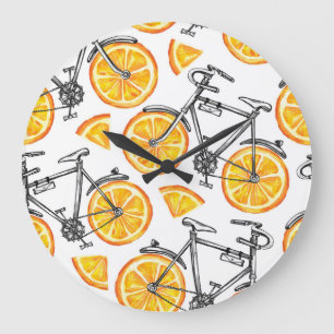 Bicycle Oranges: Watercolor Summer Pattern Large Clock