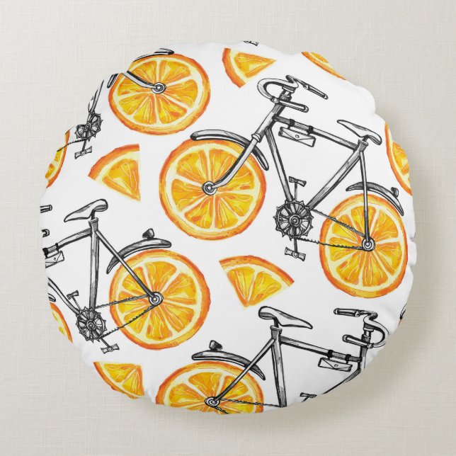 Bicycle Oranges: Watercolor Summer Pattern Round Pillow (Front)