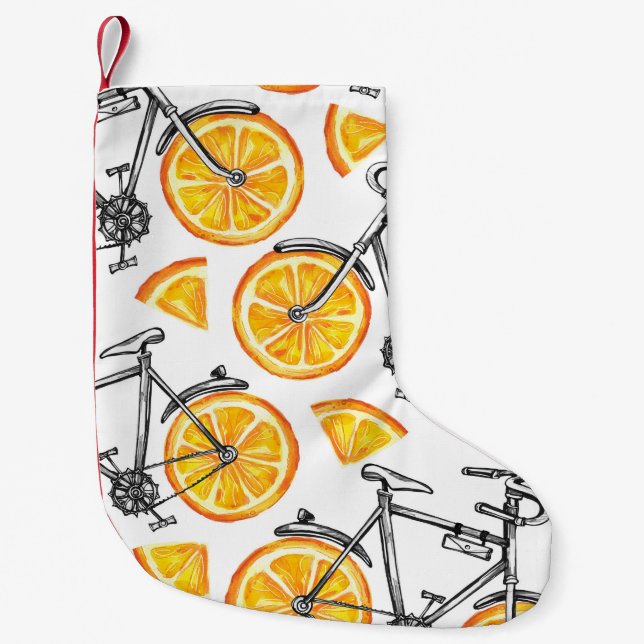 Bicycle Oranges: Watercolor Summer Pattern Small Christmas Stocking (Front)