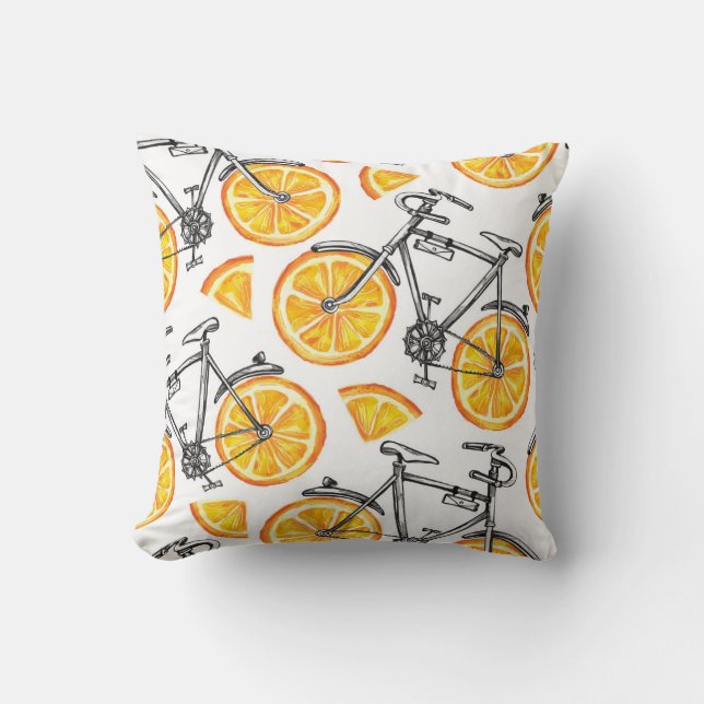 Bicycle Oranges: Watercolor Summer Pattern Throw Pillow (Front)