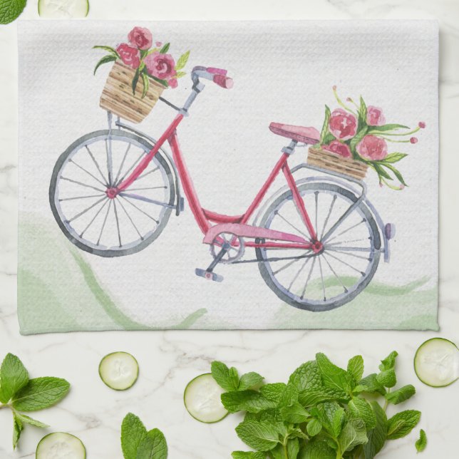Bicycle & Pink Roses Kitchen Towel (Folded)
