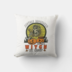 Bicycle Repairers Witch Skull Wrench Pumpkins Hall Throw Pillow