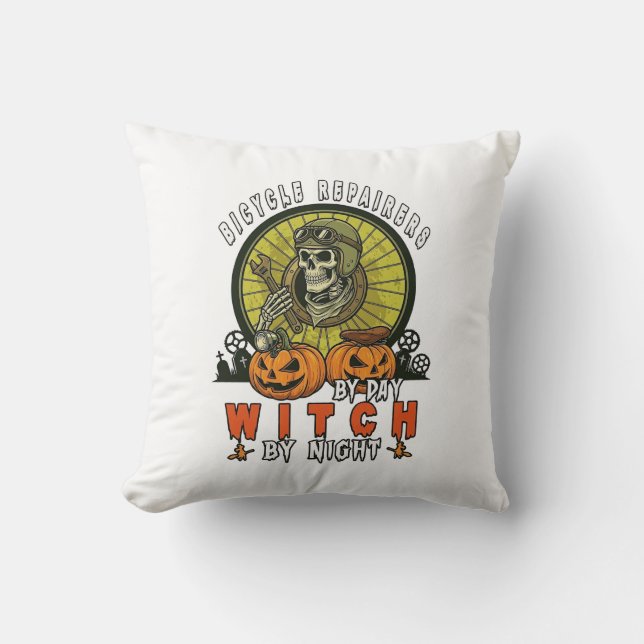 Bicycle Repairers Witch Skull Wrench Pumpkins Hall Throw Pillow (Front)